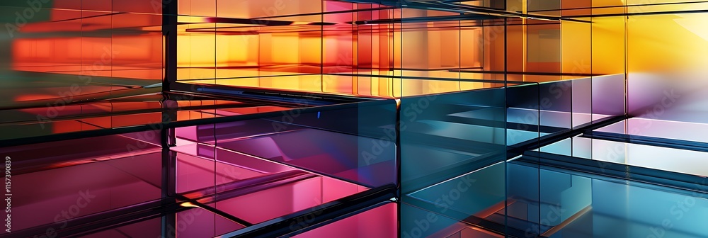 Poster abstract arrangement of intersecting transparent planes with vibrant colors, creating a modern and g
