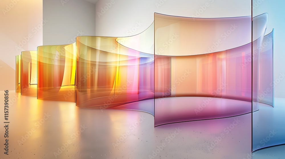 Poster abstract arrangement of curved, transparent panels with a gradient of colors, creating a modern and 
