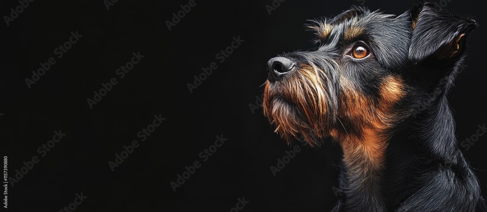 Poster portrait of a wise dog against a dark background with ample blank space for text or graphic design e