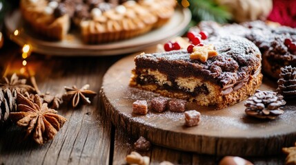 Fototapeta premium Festive Assortment of Homemade Baked Goods with Sweets Pastries and Seasonal Decorations on Rustic Wooden Table
