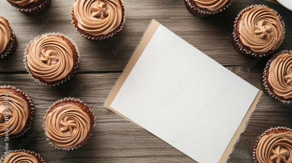 Poster homemade chocolate cupcakes with swirled frosting on rustic table with blank mockup paper for creati