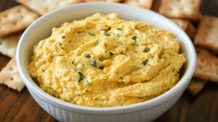 Chickpea Hummus Dip with Fresh Herbs Served in a White Bowl Alongside Crunchy Crackers on a Wooden Table