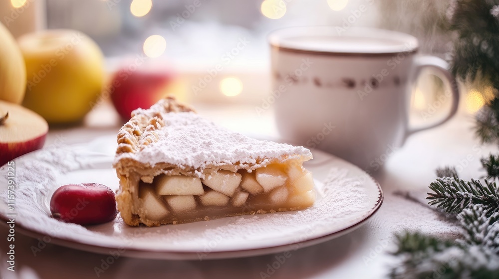Poster cozy apple pie slice dusted with powdered sugar served on a plate with a warm beverage and fresh app
