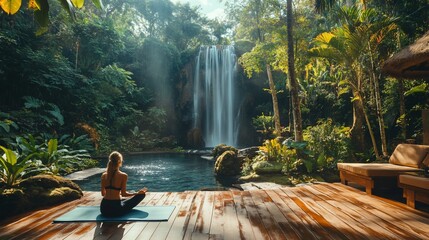 Woman meditating by jungle waterfall.
