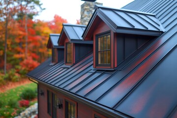 Metal roof tiles create a striking dark red aesthetic for a charming house