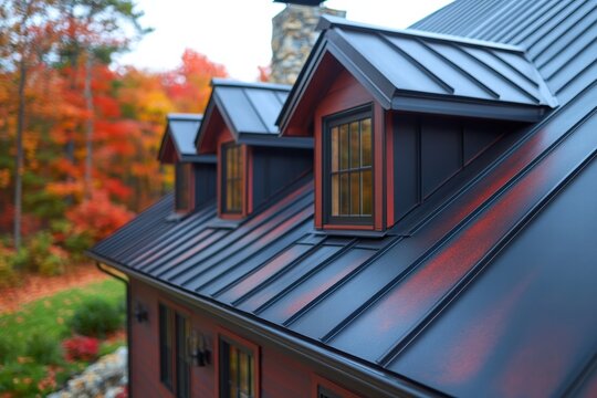 Metal roof tiles create a striking dark red aesthetic for a charming house