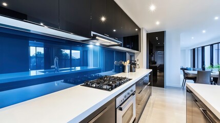 A sleek, modern kitchen with deep indigo cabinets and white quartz countertops. The backsplash is a subtle gradient of blue and indigo tiles.