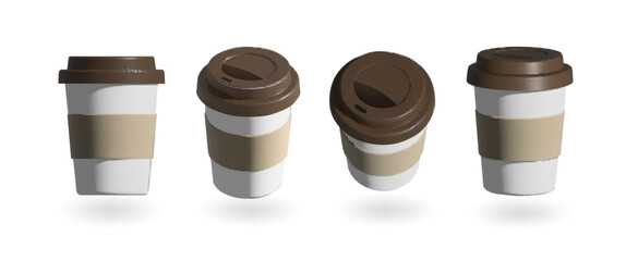 Takeaway coffee paper cups set, mug mockups with lid and cartoon sleeve. Cardboard and plastic hoy drink package . Realistic isolated vector elements front side view.