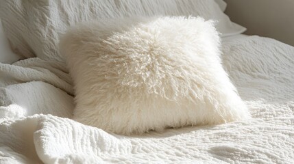 Cozy white pillow on soft bedding bedroom setting home decor relaxing environment close-up view comfort concept