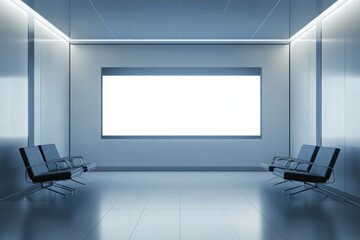 Minimalist modern office interior featuring sleek chairs and large screen for presentations