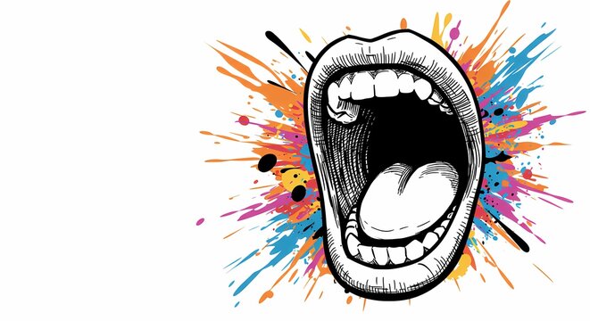 recommend clip art: Abstract Line Art of a Screaming Open Mouth Lips Teeth Tongue, Modern Art, Messy Colorful Design