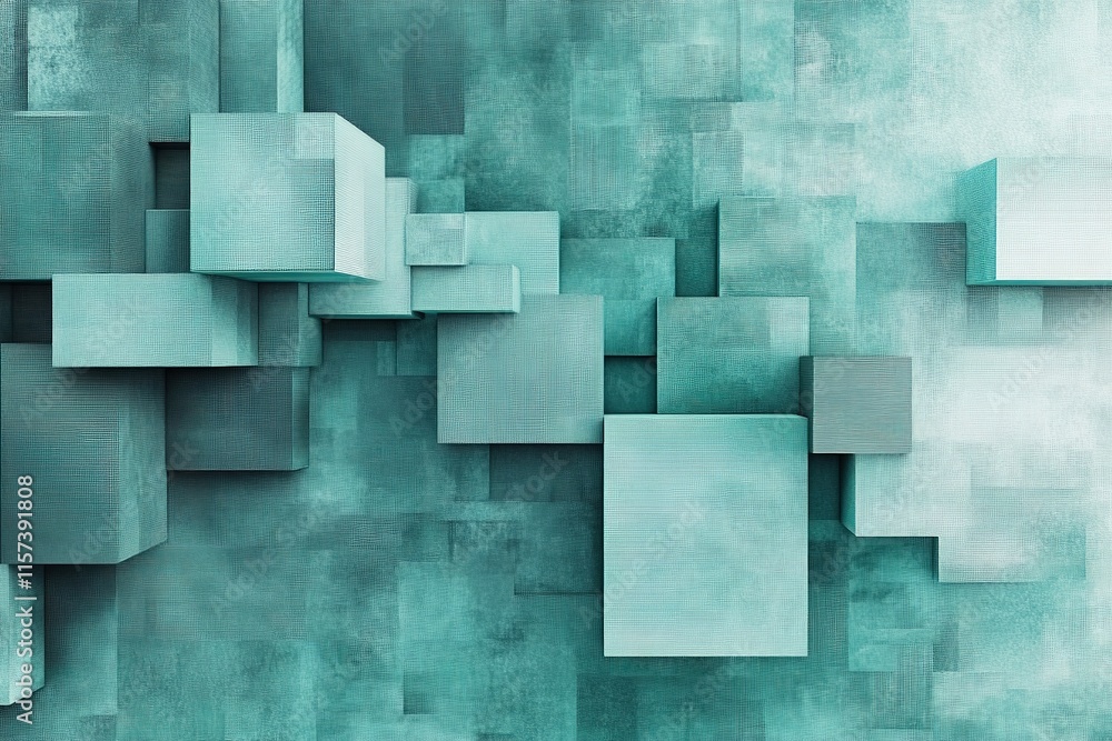 Poster abstract digital design with pixelated blocks in various shades of teal and gray forming futuristic 