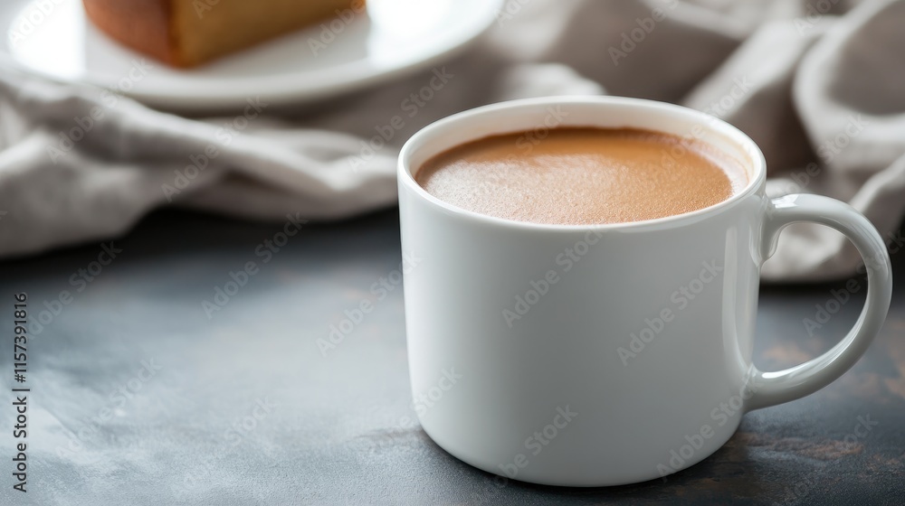 Poster homemade cake slice with coffee in a white mug on a rustic table setting with neutral tones and soft