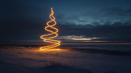 Obraz premium Spiral light painting Christmas tree on snowy beach at sunset.