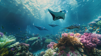 Obraz premium An immersive underwater adventure with a vibrant coral reef as the backdrop and manta rays gliding majestically