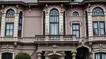 Fototapeta premium Brick Mansion Facade with Central Balcony and Ornate Windows
