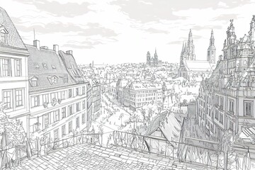 intricate cityscape rendered in engraving style with lines depicting historic architecture and cobblestone streets