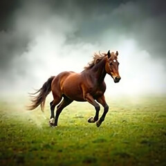 Obraz premium The bay horse gallops on the grass