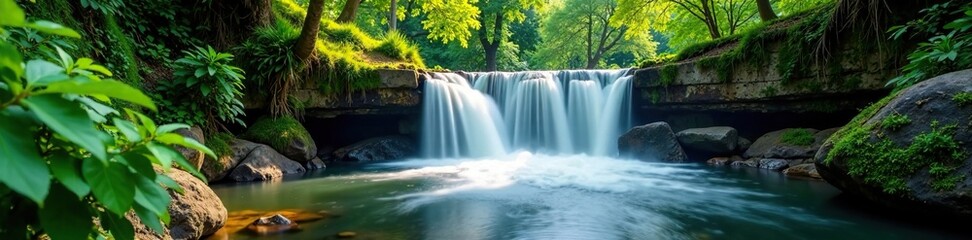 Obraz premium A gentle stream flowing into a peaceful waterfall, landscape, stream, nature