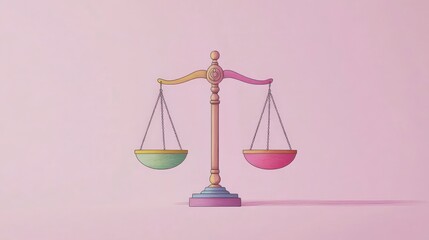 Colorful Illustrative Balance Scale Symbolizing Justice and Fairness Against a Soft Pink Background for Creative and Inspirational Projects