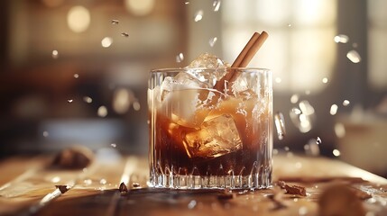 Iced Coffee Drink With Cinnamon Sticks And Ice Cubes