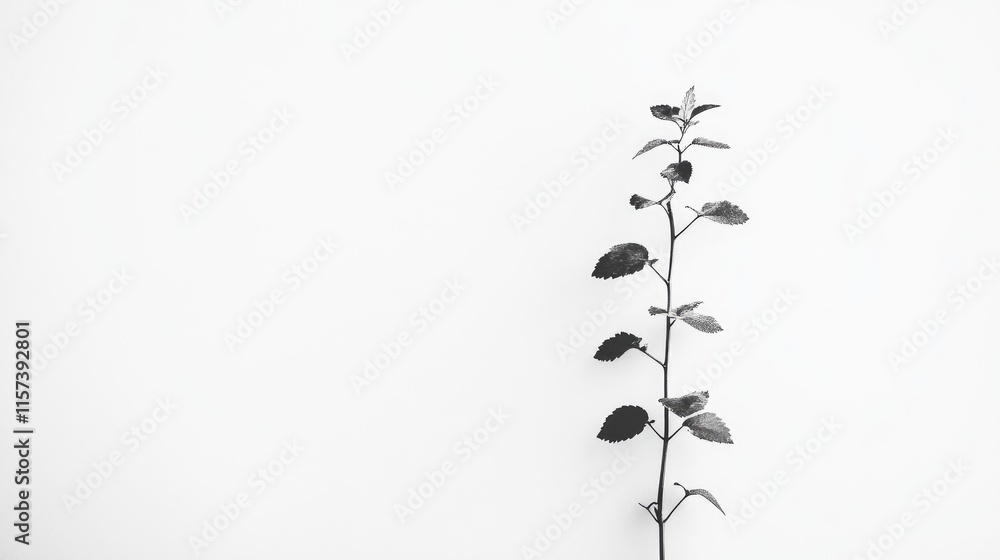 Poster minimalistic botanical design featuring a single stem with leaves against a plain white background p