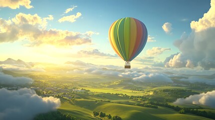 Naklejka premium Hot Air Balloon Soaring Over Rolling Hills and Cloudscape
