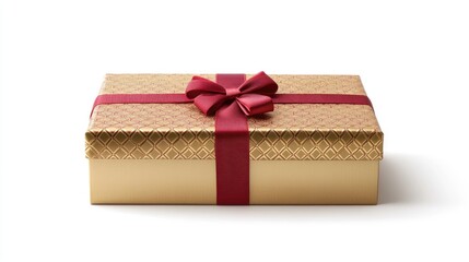 Obraz premium Elegant luxury gift box in gold and red ribbon packaging isolated on white background ideal for premium gifts and special occasions