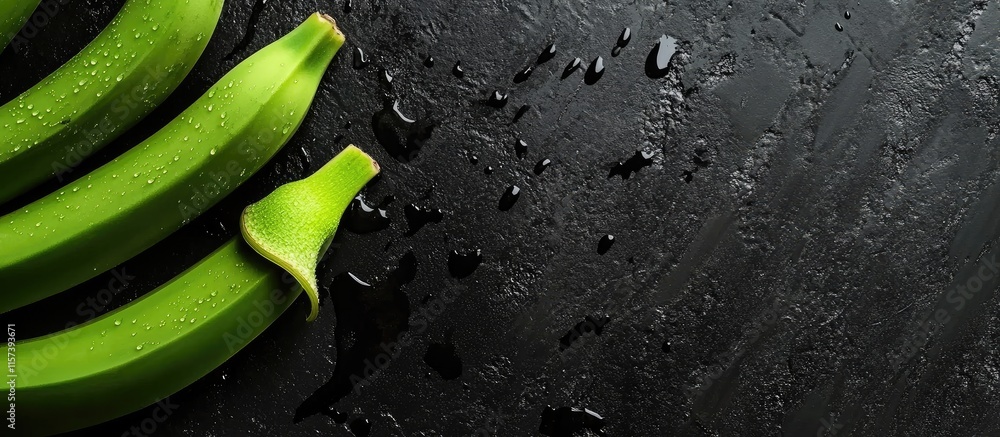Poster fresh green bananas with droplets on dark background and empty space for text advertising or food re
