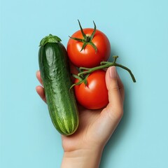 Hand holding fresh cucumber and tomatoes.