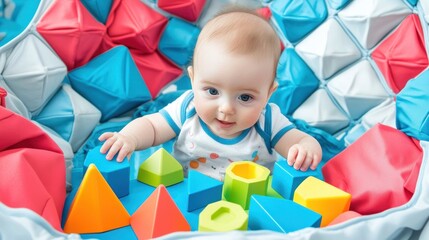 Baby playing with colorful geometric shapes in a playful environment.