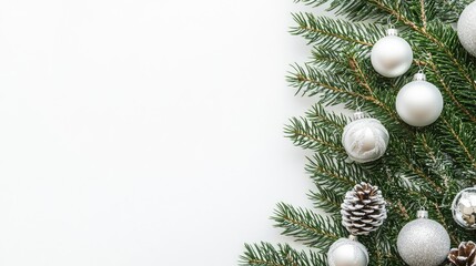 Minimalist Christmas Flatlay with Fir Branch Silver and White Ornaments on Clean White Background Top View No People