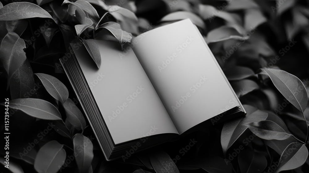 Poster minimalist book mockup on dark foliage background emphasizing simplicity and monochrome design for c