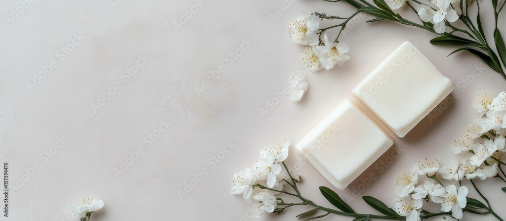Aufkleber minimalist flat lay of white soap bars with fresh flowers and empty space for branding or text on a 