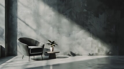 Serene Minimalist Interior: A Grey Velvet Armchair in a Sunlit Concrete Room