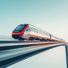 Fototapeta premium Futuristic high-speed train traveling on elevated track.