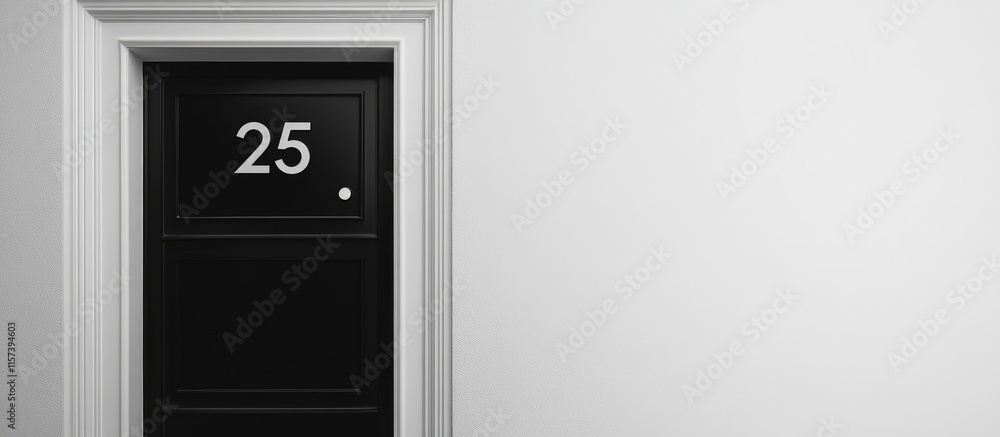 Poster minimalistic black house number 25 displayed on a white wall creating ample space for text or brandi
