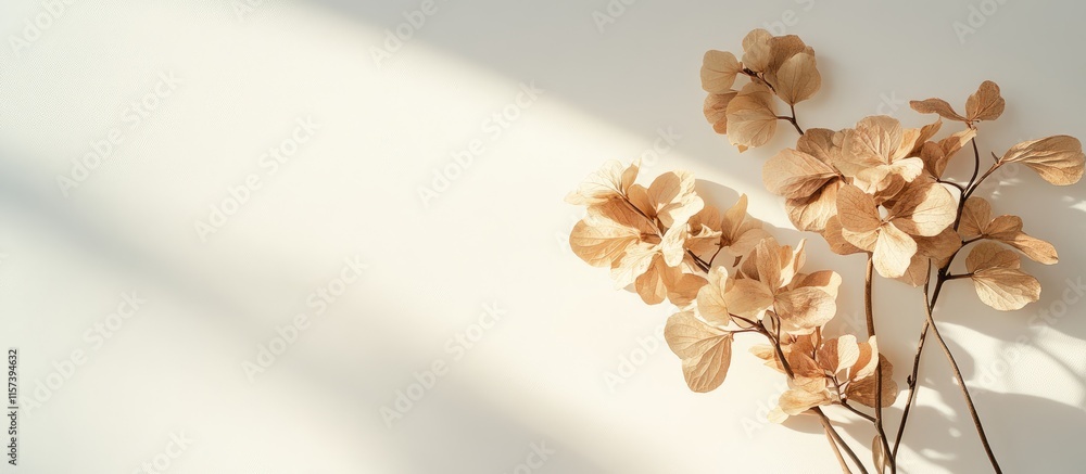 Poster dried hydrangea flowers in minimalistic composition casting soft shadows on white background ideal f