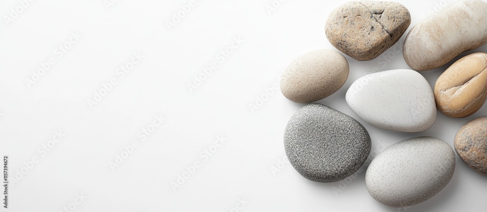 Poster natural stone arrangement on white background with shadows creating a serene minimalist aesthetic an