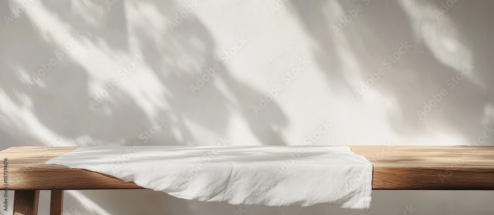 Poster minimalistic wooden table with white cloth natural light shadows clean design space for product disp