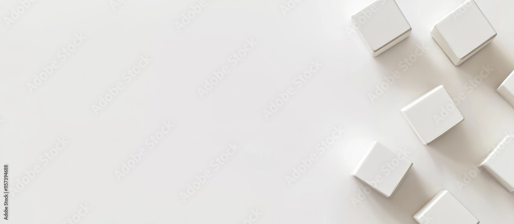Poster minimalistic arrangement of white cubes on a clean white background allowing ample space for text an