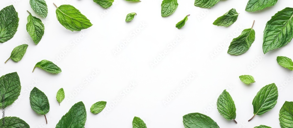 Poster fresh mint leaves arranged on a white background creating a natural frame with ample space for text 