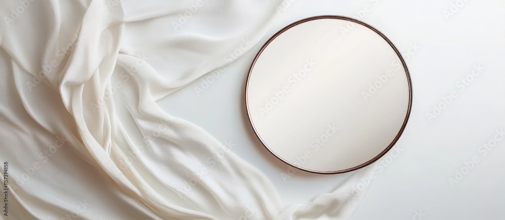 Poster elegant round mirror draped with soft white fabric on minimalistic background with ample blank space
