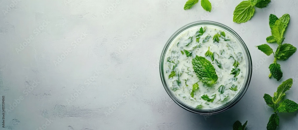 Poster mint yogurt sauce with fresh herbs in a round glass bowl placed on a light marble surface with ample