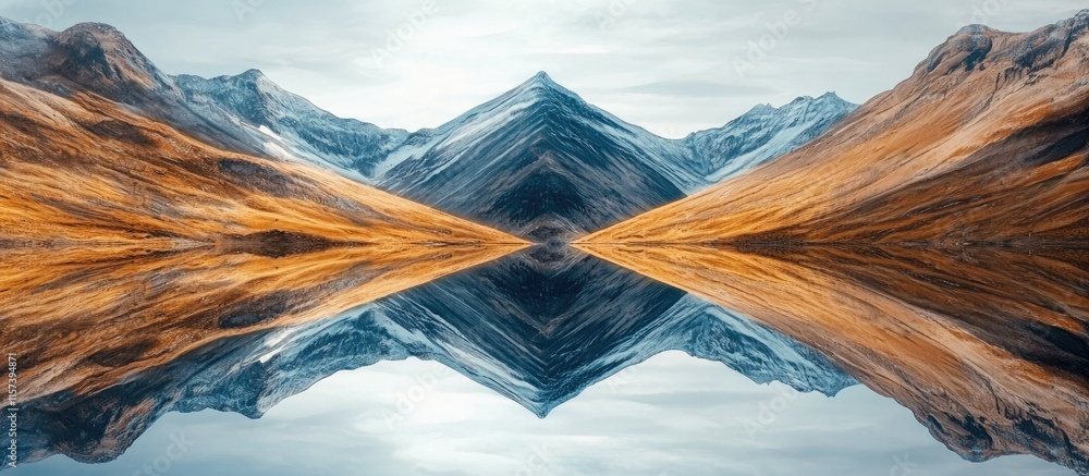 Poster aerial view of serene mirrored valleys and majestic mountains with tranquil reflection and ample bla