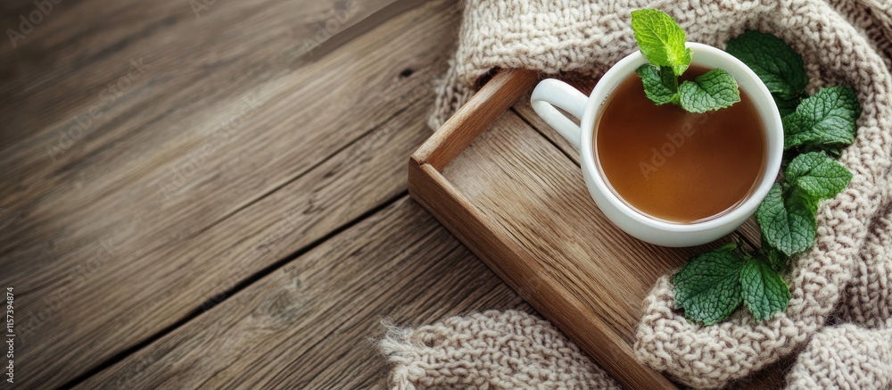 Poster cozy mint tea on a rustic wooden tray with a soft knitted blanket and an inviting empty space for pe