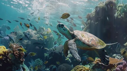 A bustling underwater ecosystem with sea turtles, vibrant fish, and dolphins all interacting harmoniously
