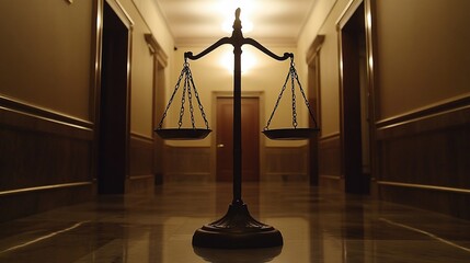 Scales of justice in dimly lit hallway.