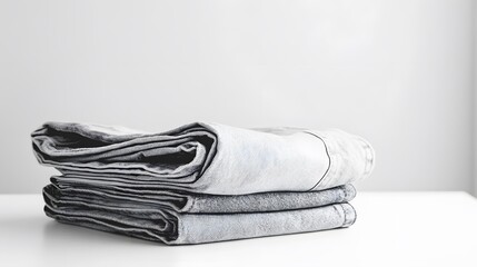 Folding neatly stacked gray denim minimalist home interior photography soft lighting close-up textured fabric