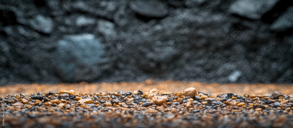 Poster close up of wet gravel with dark blurred rock face in background creating a dramatic and moody natur
